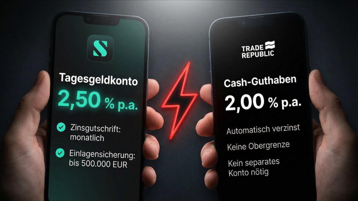 Zwei Smartphones zeigen Scalable Capital Tagesgeldkonto mit 2,50 Prozent und Trade Republic Cash-Guthaben mit 2,00 Prozent Zinsen im direkten Vergleich