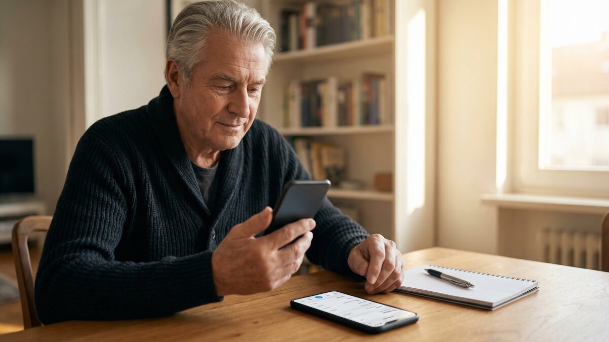 Älterer Mann vergleicht am Wohnzimmertisch zwei Smartphones mit Banking-Apps, Notizbuch und Stift daneben, konzentrierter Blick