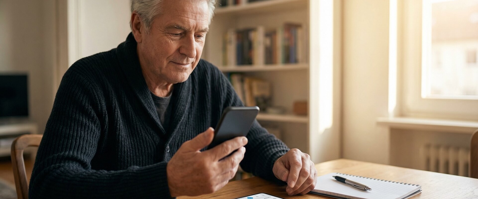 Älterer Mann vergleicht am Wohnzimmertisch zwei Smartphones mit Banking-Apps, Notizbuch und Stift daneben, konzentrierter Blick