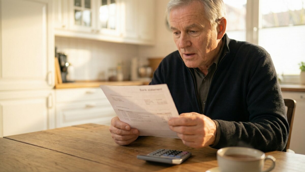 Älterer Mann liest überrascht einen Kontoauszug am Küchentisch, Taschenrechner und Kaffeetasse daneben, warmes Morgenlicht