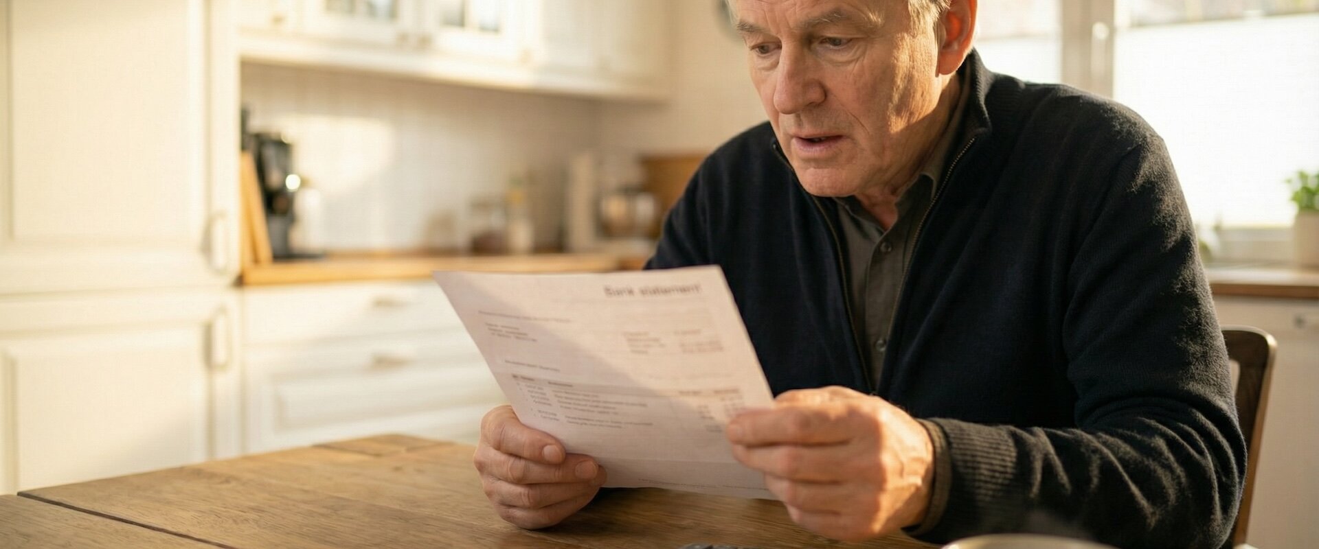 Älterer Mann liest überrascht einen Kontoauszug am Küchentisch, Taschenrechner und Kaffeetasse daneben, warmes Morgenlicht