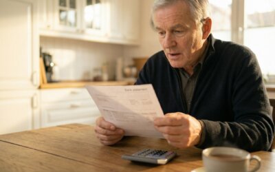 Älterer Mann liest überrascht einen Kontoauszug am Küchentisch, Taschenrechner und Kaffeetasse daneben, warmes Morgenlicht