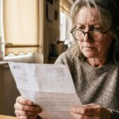 Frau Anfang 50 sitzt am Küchentisch und liest ungläubig den Gebührenbrief ihrer Sparkasse, Teetasse auf dem Tisch