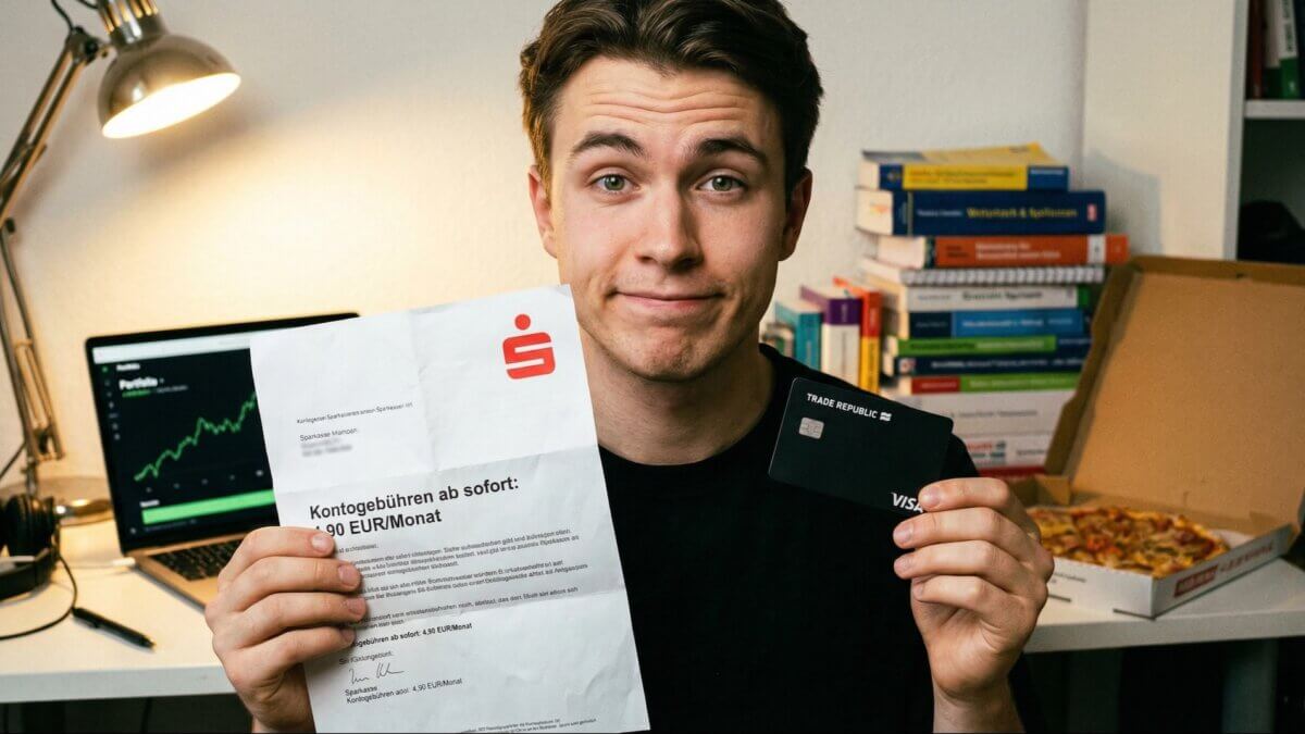Student hält Sparkassen-Gebührenbrief mit 4,90 Euro Monatsgebühr in der linken und die matte schwarze Trade Republic Classic Card in der rechten Hand