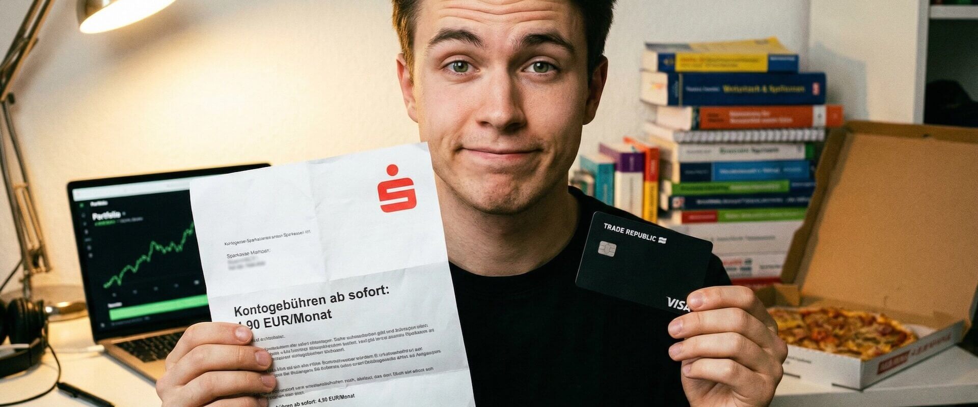 Student hält Sparkassen-Gebührenbrief mit 4,90 Euro Monatsgebühr in der linken und die matte schwarze Trade Republic Classic Card in der rechten Hand