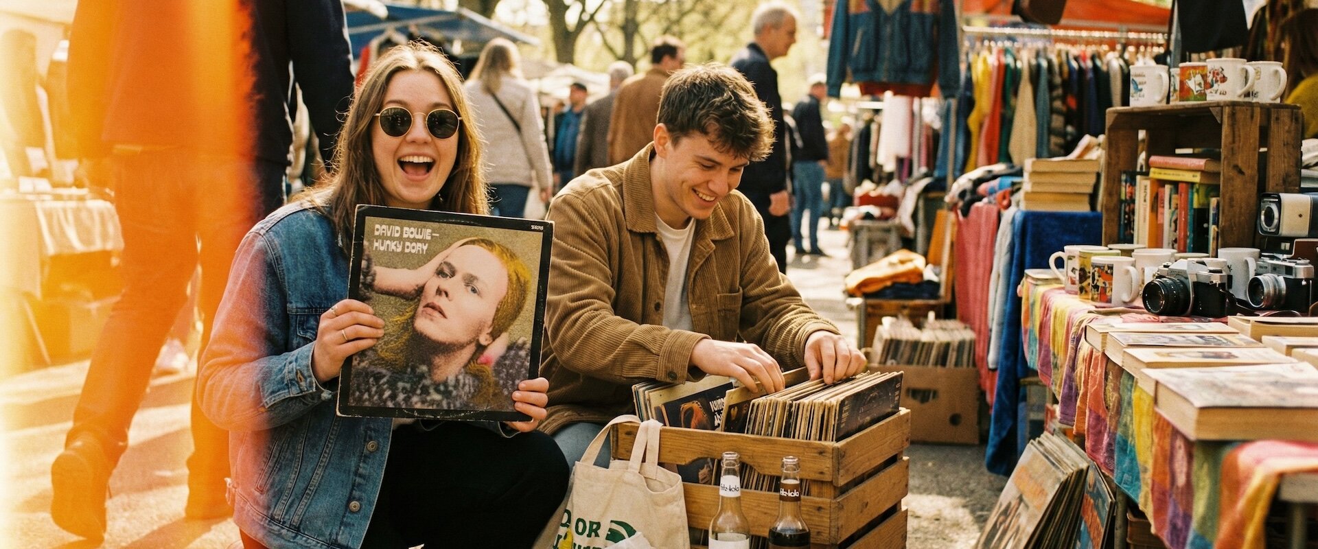 Zwei Studierende auf sonnigem Flohmarkt, einer hält begeistert eine Vinyl-Schallplatte hoch, warmes Licht und Filmkorn im Kodak-Portra-Stil