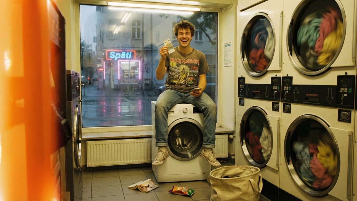 Student im Band-Shirt sitzt auf Waschmaschine im Waschsalon und hält grinsend einen Fünf-Euro-Schein hoch, warmes Filmkorn und Light Leak im Kodak-Portra-Stil