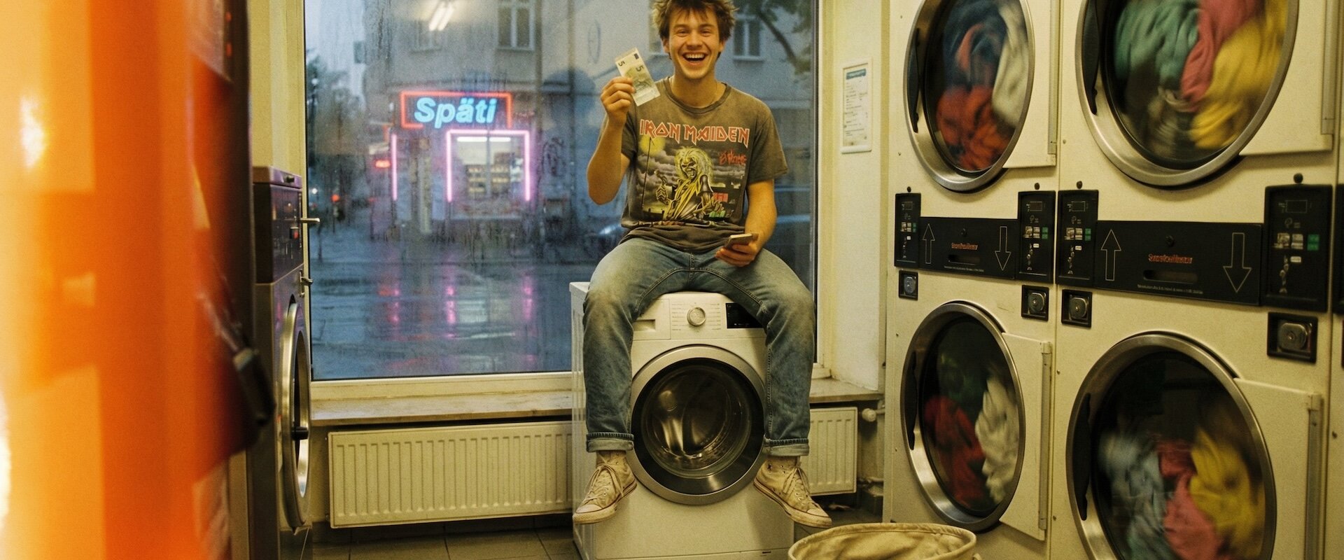 Student im Band-Shirt sitzt auf Waschmaschine im Waschsalon und hält grinsend einen Fünf-Euro-Schein hoch, warmes Filmkorn und Light Leak im Kodak-Portra-Stil