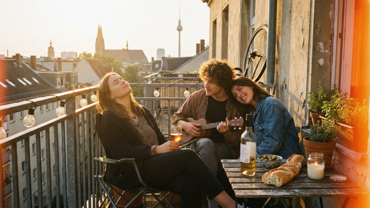 Drei Freunde auf einem kleinen WG-Balkon bei Sonnenuntergang, eine lehnt sich zurück mit Weinglas, einer spielt Ukulele, Stadtpanorama mit Fernsehturm im Hintergrund, warmes Filmkorn