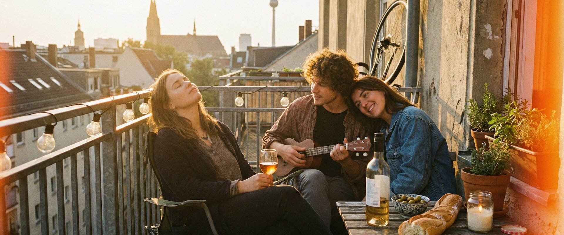 Drei Freunde auf einem kleinen WG-Balkon bei Sonnenuntergang, eine lehnt sich zurück mit Weinglas, einer spielt Ukulele, Stadtpanorama mit Fernsehturm im Hintergrund, warmes Filmkorn