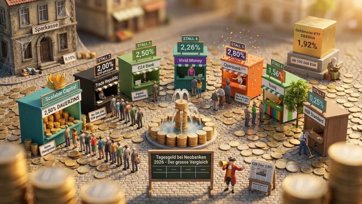 Miniatur-Diorama Zinsmarktplatz mit sieben Neobank-Marktstaenden, Scalable Capital 2,50 Prozent mit Krone und laengster Schlange, Trade Republic 2,00 Prozent, C24 2,50 Prozent, Openbank 2,80 Prozent Aktion mit Konfetti, N26 Standard 0,25 Prozent fast leer, Sparkasse mit Spinnweben im Hintergrund, Geldmarkt-ETF DBX0AN 1,92 Prozent