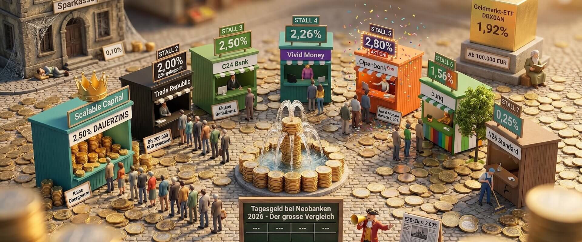 Miniatur-Diorama Zinsmarktplatz mit sieben Neobank-Marktstaenden, Scalable Capital 2,50 Prozent mit Krone und laengster Schlange, Trade Republic 2,00 Prozent, C24 2,50 Prozent, Openbank 2,80 Prozent Aktion mit Konfetti, N26 Standard 0,25 Prozent fast leer, Sparkasse mit Spinnweben im Hintergrund, Geldmarkt-ETF DBX0AN 1,92 Prozent