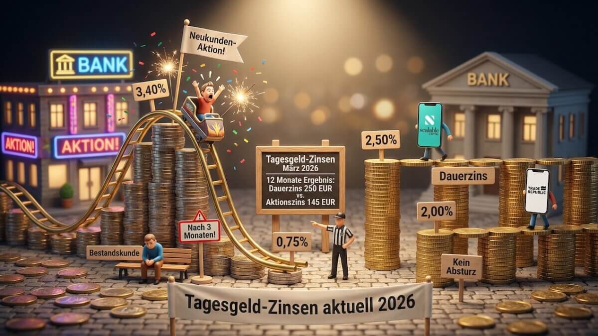 Miniatur-Diorama mit Aktionszins-Achterbahn von 3,40 Prozent Gipfel auf 0,75 Prozent Absturz nach 3 Monaten, daneben stabile Dauerzins-Bruecken Scalable 2,50 Prozent und Trade Republic 2,00 Prozent, Scoreboard zeigt 250 Euro Dauerzins vs 145 Euro Aktionszins