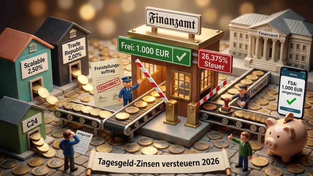 Miniatur-Diorama mit Finanzamt-Zollstation, Euromuenzen fliessen auf Foerderband von Neobank-Haeuschen Scalable 2,50 Prozent und Trade Republic 2,00 Prozent durch Checkpoint, gruenes Schild Frei 1.000 Euro mit Freistellungsauftrag, rotes Schild 26,375 Prozent Steuer fuer den Rest