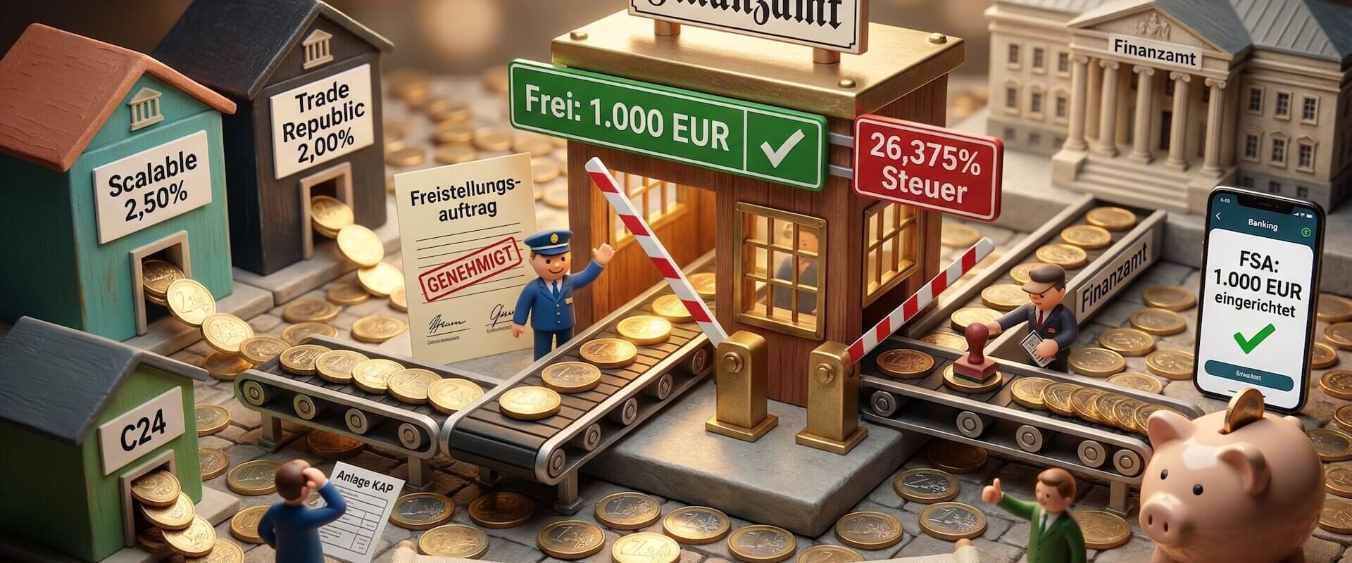 Miniatur-Diorama mit Finanzamt-Zollstation, Euromuenzen fliessen auf Foerderband von Neobank-Haeuschen Scalable 2,50 Prozent und Trade Republic 2,00 Prozent durch Checkpoint, gruenes Schild Frei 1.000 Euro mit Freistellungsauftrag, rotes Schild 26,375 Prozent Steuer fuer den Rest