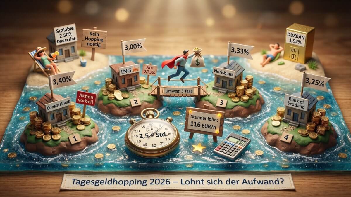 Miniatur-Diorama mit vier Bank-Inseln Consorsbank 3,40 Prozent ING 3,00 Prozent Norisbank 3,33 Prozent und Bank of Scotland 3,25 Prozent im Ozean, Superhelden-Figur springt mit Geldsack zwischen Inseln, Stoppuhr 2,5 Stunden und Stundenlohn 116 Euro, entspannte Figur bei Scalable 2,50 Prozent Dauerzins