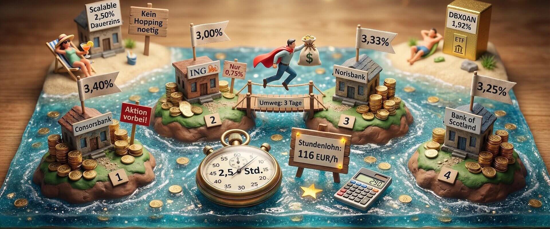 Miniatur-Diorama mit vier Bank-Inseln Consorsbank 3,40 Prozent ING 3,00 Prozent Norisbank 3,33 Prozent und Bank of Scotland 3,25 Prozent im Ozean, Superhelden-Figur springt mit Geldsack zwischen Inseln, Stoppuhr 2,5 Stunden und Stundenlohn 116 Euro, entspannte Figur bei Scalable 2,50 Prozent Dauerzins