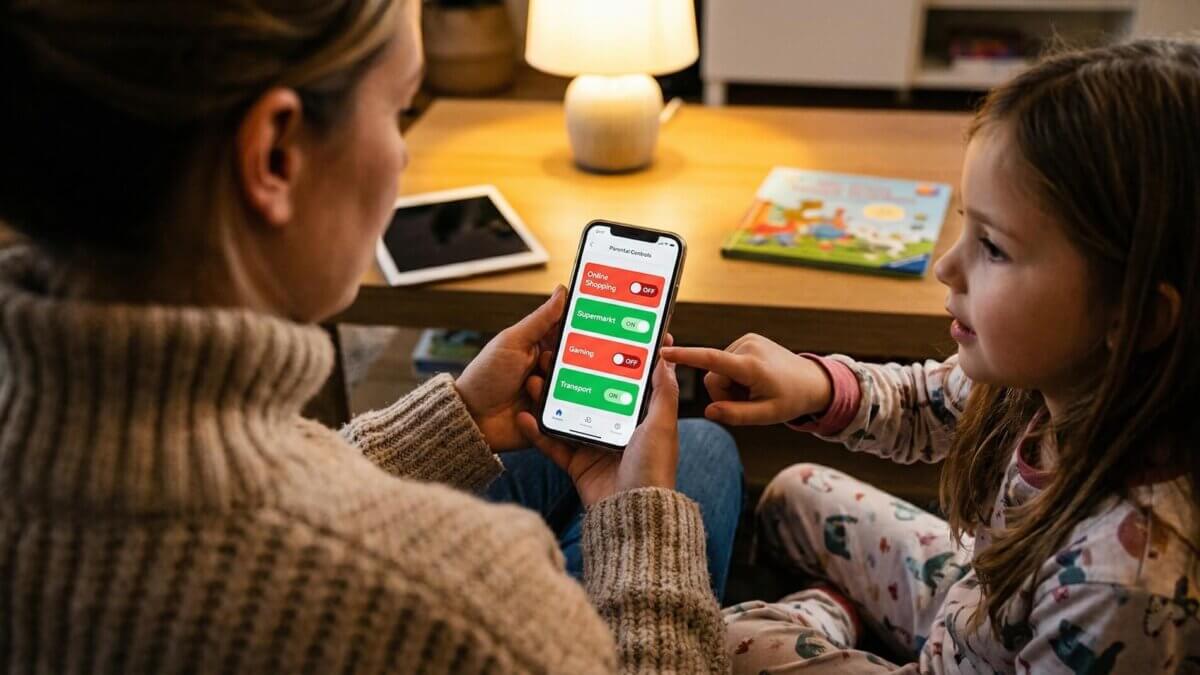 Mutter zeigt ihrer 8-jährigen Tochter die Kategoriesperren einer Taschengeld-App: Online Shopping und Gaming sind deaktiviert, Supermarkt und Transport erlaubt
