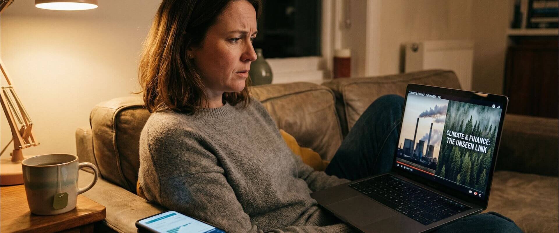 unge Frau sitzt nachdenklich auf der Couch und schaut eine Klima-Dokumentation auf dem Laptop