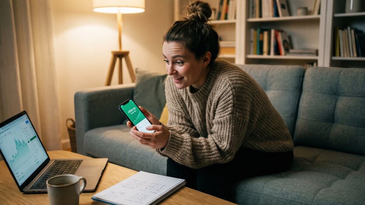 unge Frau schaut angenehm überrascht auf ihre Zinsgutschrift in der Banking-App