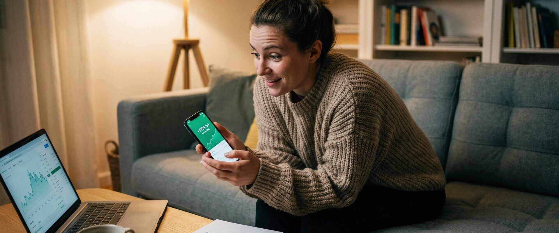 unge Frau schaut angenehm überrascht auf ihre Zinsgutschrift in der Banking-App