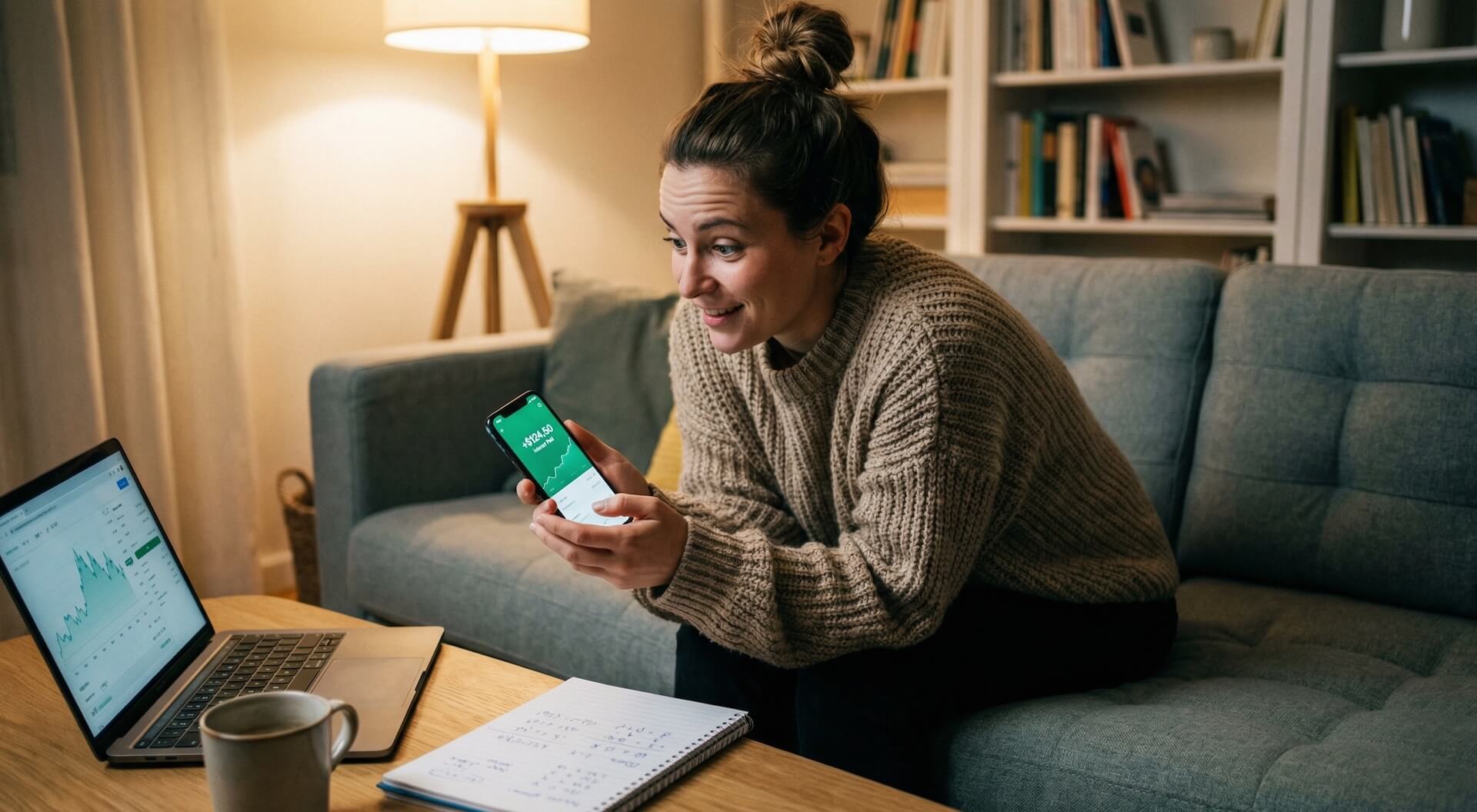 Frau prüft Trade Republic App mit Zinsen und Investment-Charts auf Smartphone und Laptop