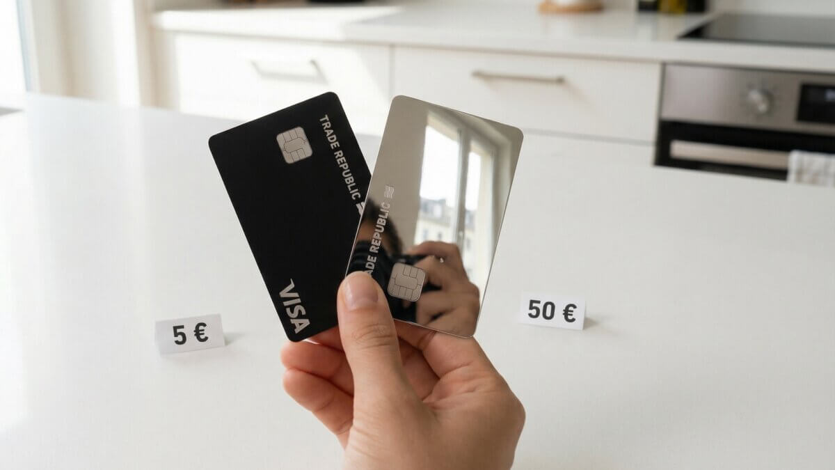Trade Republic Classic Card für 5 Euro und Mirror Card für 50 Euro nebeneinander in einer Hand auf weißer Küchentheke