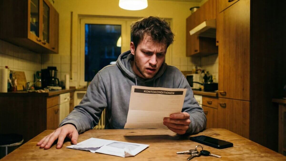 Junger Mann liest ungläubig den Gebührenbrief seiner Bank am Küchentisch