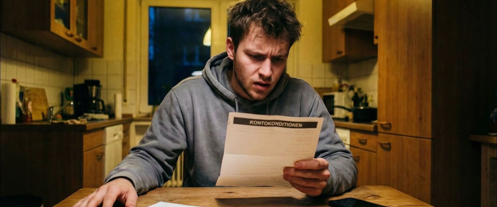 Junger Mann liest ungläubig den Gebührenbrief seiner Bank am Küchentisch
