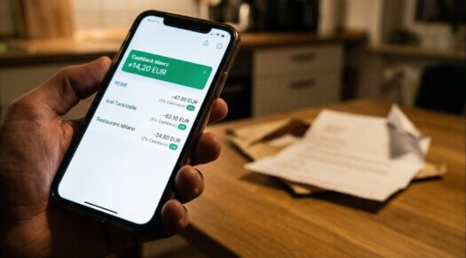 Smartphone zeigt Cashback-Gutschrift von 14,20 Euro mit Transaktionen bei REWE und Aral, im Hintergrund ein Bankbrief