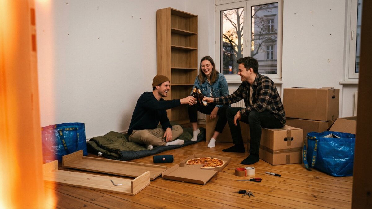 Drei neue Mitbewohner sitzen auf dem Holzboden ihrer leeren Altbau-WG zwischen Umzugskartons und IKEA-Tüten, stoßen mit Bierflaschen an, Pizzakarton und Werkzeug auf dem Boden, warmes Filmkorn