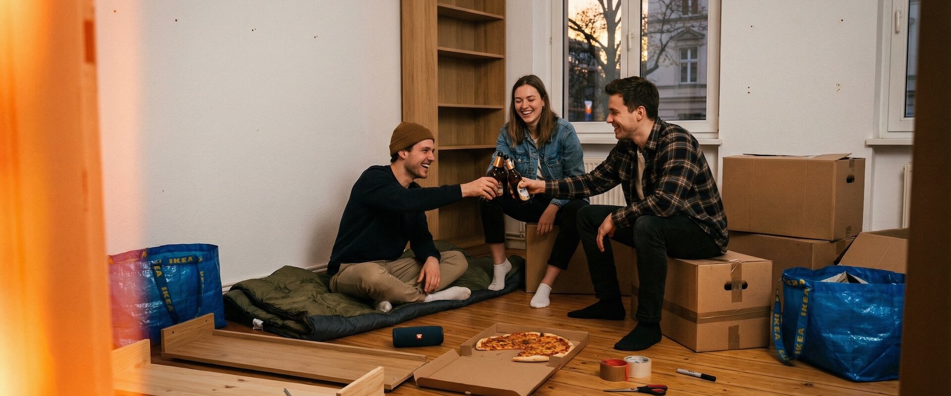 Drei neue Mitbewohner sitzen auf dem Holzboden ihrer leeren Altbau-WG zwischen Umzugskartons und IKEA-Tüten, stoßen mit Bierflaschen an, Pizzakarton und Werkzeug auf dem Boden, warmes Filmkorn