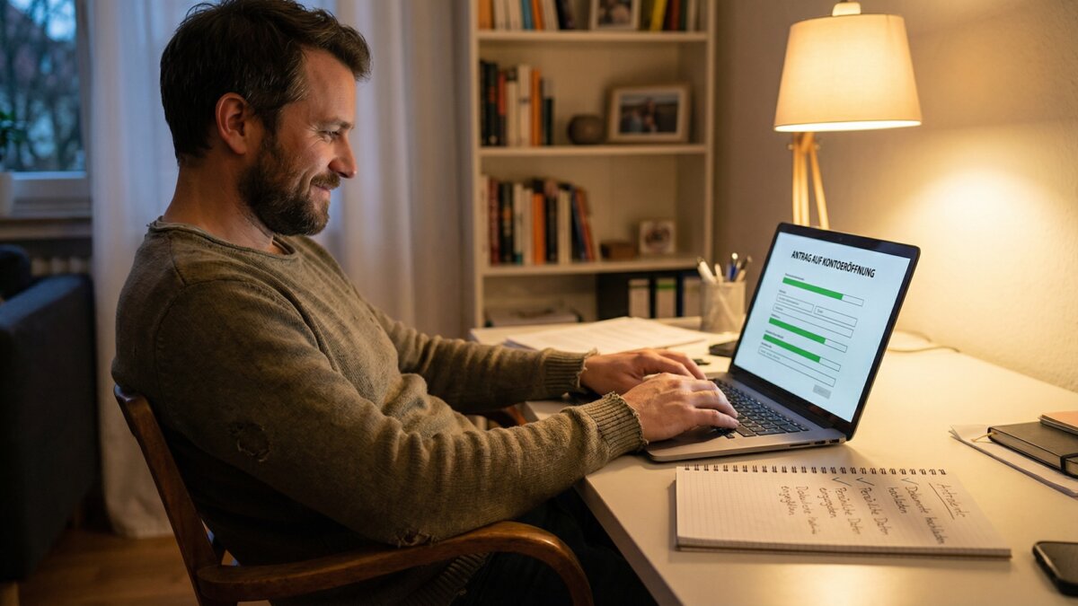 Mann Ende 30 sitzt entspannt am Home-Office-Schreibtisch und füllt auf seinem Laptop ein deutsches Kontoeröffnungsformular aus, daneben ein Notizbuch mit abgehakter handgeschriebener Checkliste