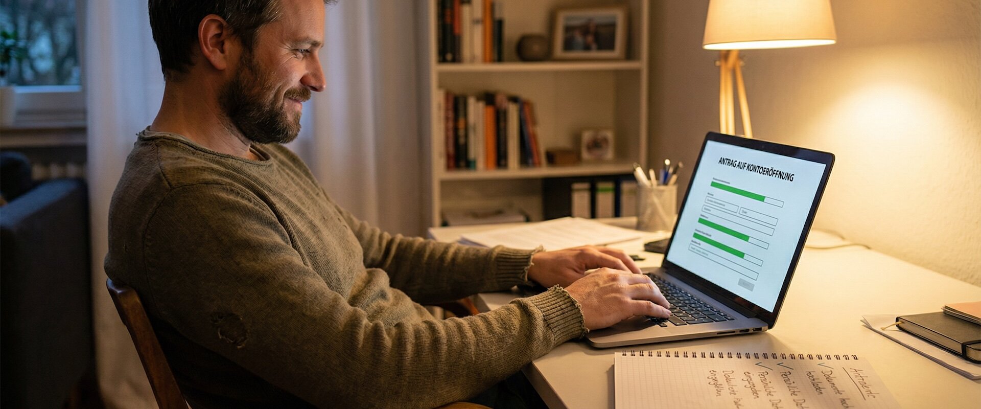 Mann Ende 30 sitzt entspannt am Home-Office-Schreibtisch und füllt auf seinem Laptop ein deutsches Kontoeröffnungsformular aus, daneben ein Notizbuch mit abgehakter handgeschriebener Checkliste