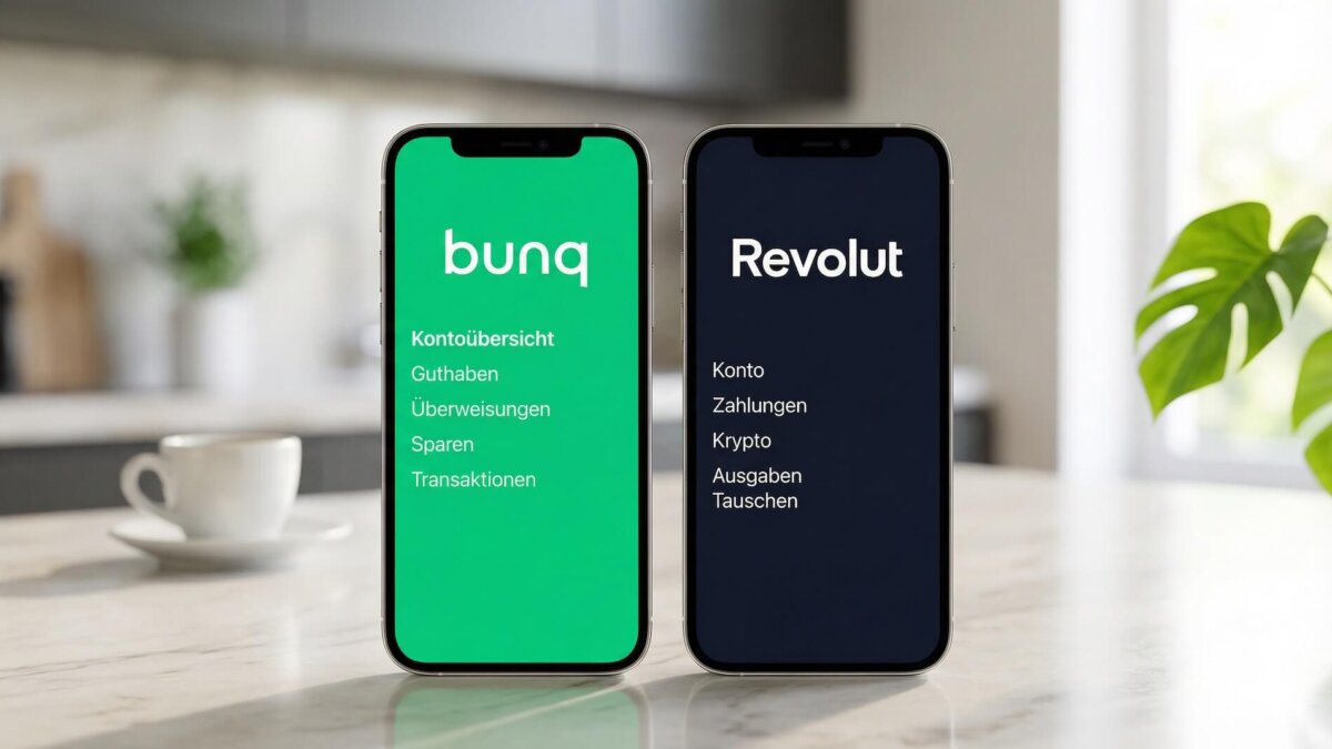 Zwei Smartphones auf einer Marmoroberfläche: links die bunq App mit grünem Interface und Kontoübersicht, rechts die Revolut App mit dunklem Interface und bunten Kategorie-Icons