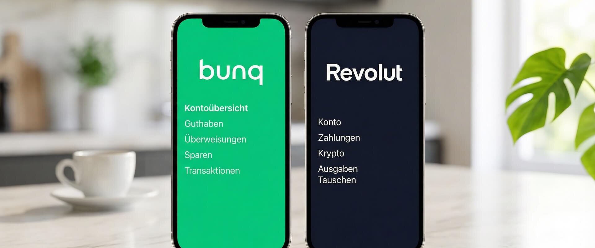 Zwei Smartphones auf einer Marmoroberfläche: links die bunq App mit grünem Interface und Kontoübersicht, rechts die Revolut App mit dunklem Interface und bunten Kategorie-Icons