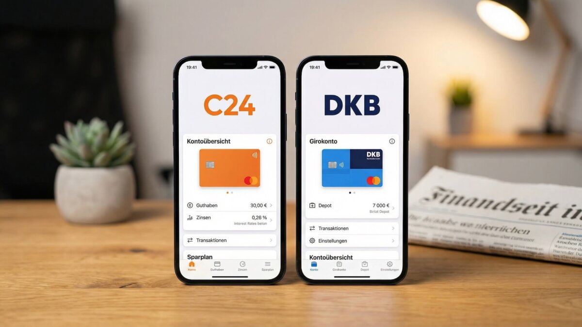 Zwei Smartphones auf einem Holztisch: links die C24 Bank App mit orangem Interface und Zinsen-Anzeige, rechts die DKB App mit dunkelblauem Interface und Depot-Übersicht