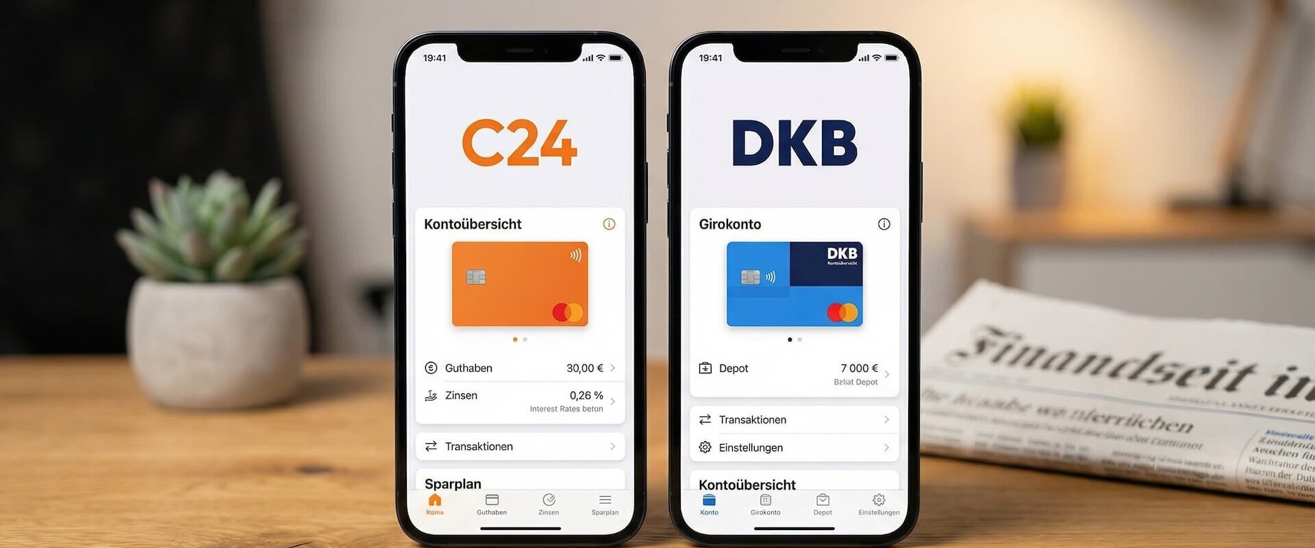 Zwei Smartphones auf einem Holztisch: links die C24 Bank App mit orangem Interface und Zinsen-Anzeige, rechts die DKB App mit dunkelblauem Interface und Depot-Übersicht