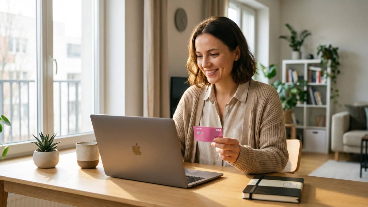 Selbstständige mit pinker Finom Visa Business Karte vor dem Laptop im hellen Home-Office