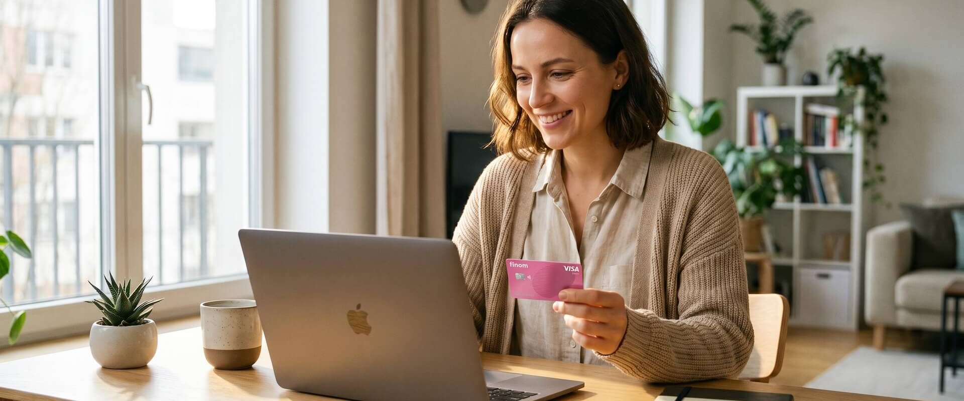 Selbstständige mit pinker Finom Visa Business Karte vor dem Laptop im hellen Home-Office