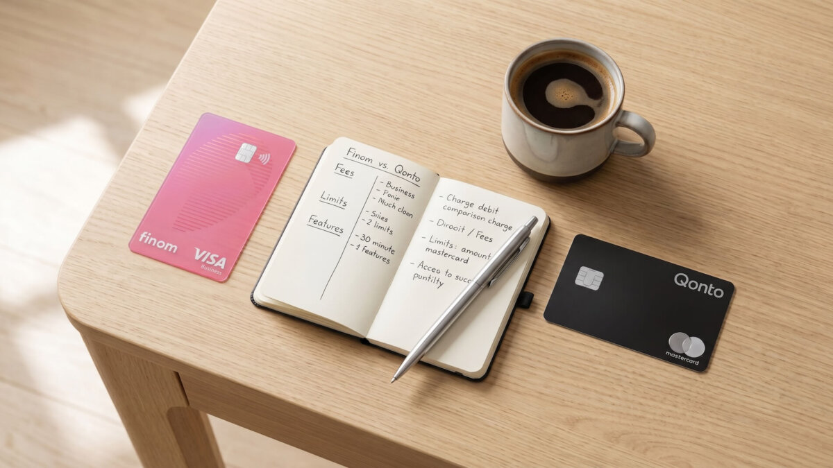 Pinke Finom Visa Business Karte und schwarze Qonto Mastercard auf einem Holztisch neben handschriftlichem Vergleichs-Notizbuch und Kaffeetasse
