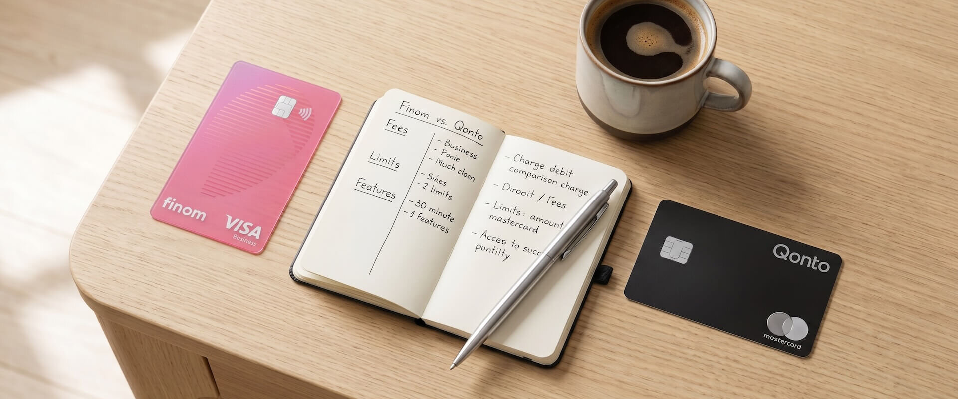 Pinke Finom Visa Business Karte und schwarze Qonto Mastercard auf einem Holztisch neben handschriftlichem Vergleichs-Notizbuch und Kaffeetasse