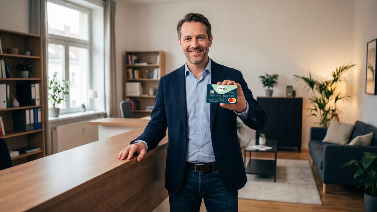 Gründer im dunkelblauen Blazer präsentiert lächelnd die FYRST Business Mastercard der Deutsche-Bank-Tochter in seinem Büro