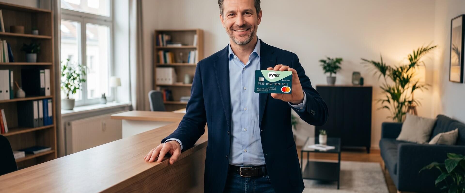 Gründer im dunkelblauen Blazer präsentiert lächelnd die FYRST Business Mastercard der Deutsche-Bank-Tochter in seinem Büro