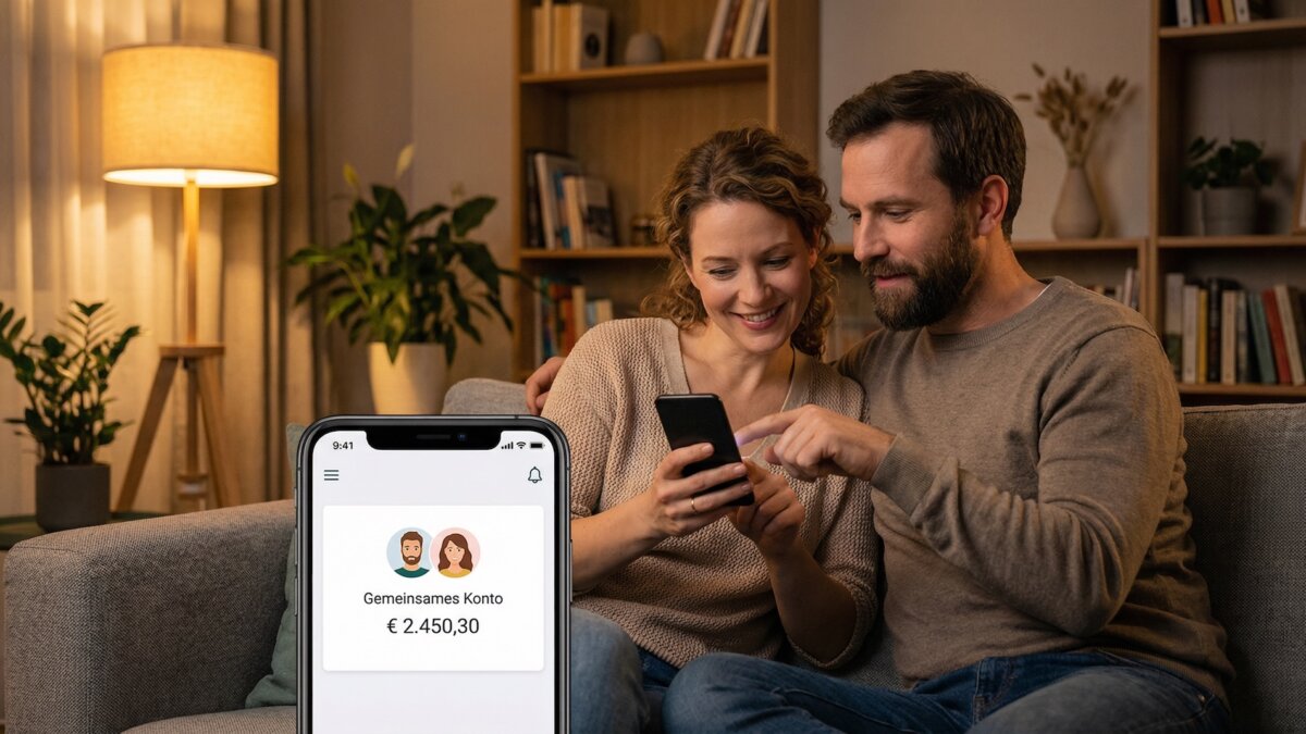 Paar Mitte 30 sitzt zusammen auf dem Sofa und schaut gemeinsam auf ein Smartphone mit einer deutschen Girokonto-App, die ein gemeinsames Konto mit zwei Nutzernamen anzeigt