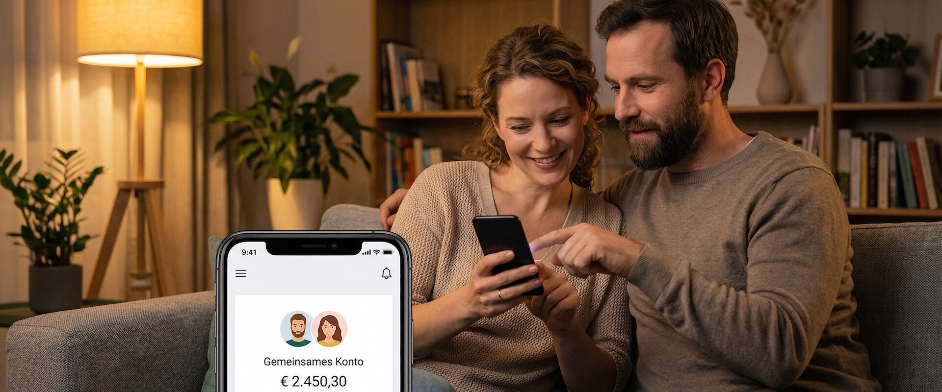 Paar Mitte 30 sitzt zusammen auf dem Sofa und schaut gemeinsam auf ein Smartphone mit einer deutschen Girokonto-App, die ein gemeinsames Konto mit zwei Nutzernamen anzeigt