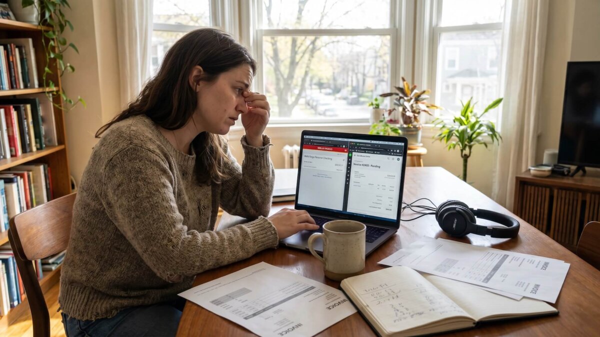 Freelancer in Jeansjacke und Mütze arbeitet mit Smartphone, Laptop und Notizbuch an einem Cafétisch
