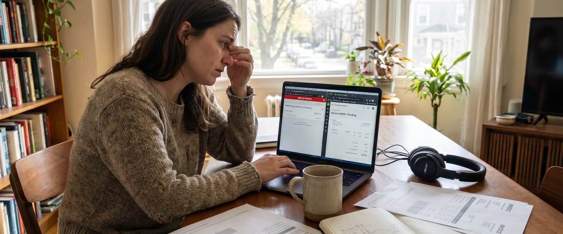 Freelancer in Jeansjacke und Mütze arbeitet mit Smartphone, Laptop und Notizbuch an einem Cafétisch