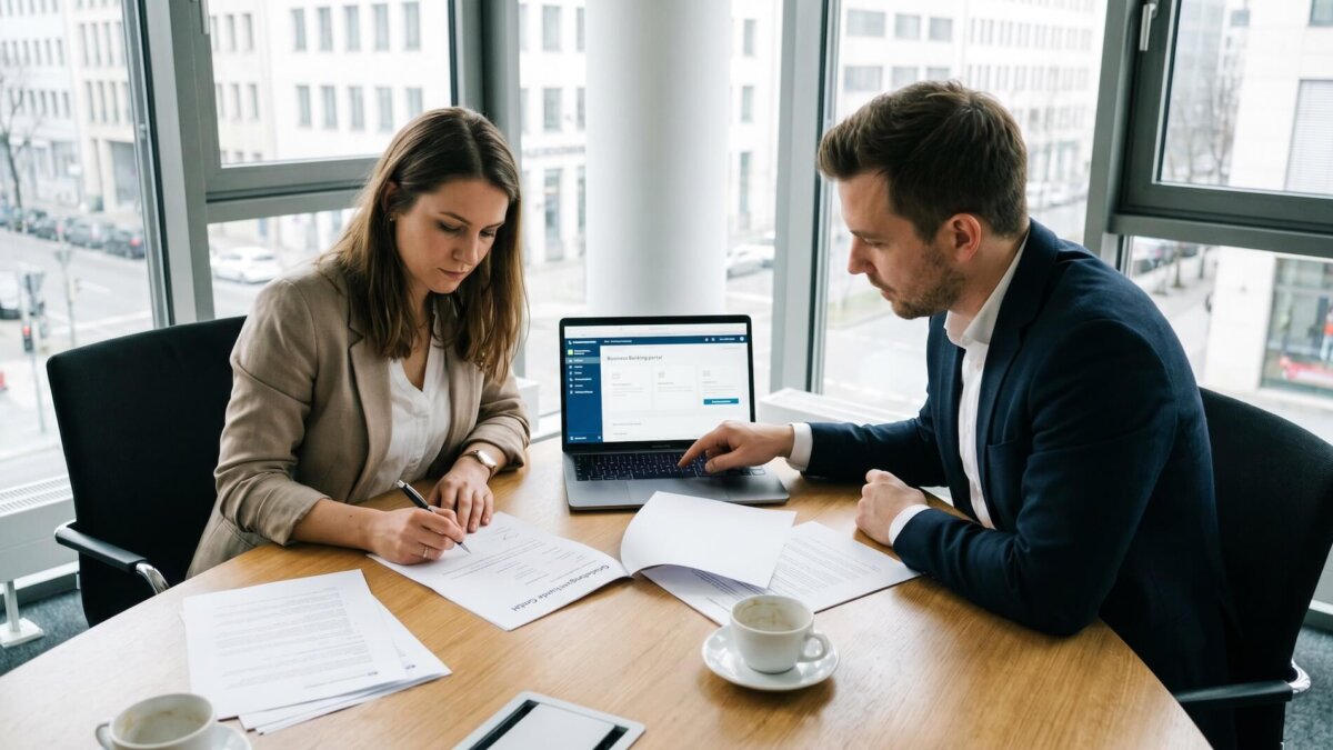 Zwei GmbH-Gesellschafter unterzeichnen Kontoeröffnungsunterlagen im Konferenzraum, Laptop zeigt Business-Banking-Portal