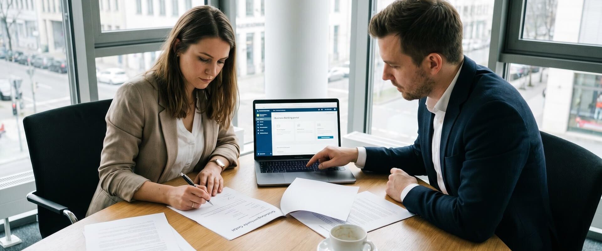 Zwei GmbH-Gesellschafter unterzeichnen Kontoeröffnungsunterlagen im Konferenzraum, Laptop zeigt Business-Banking-Portal